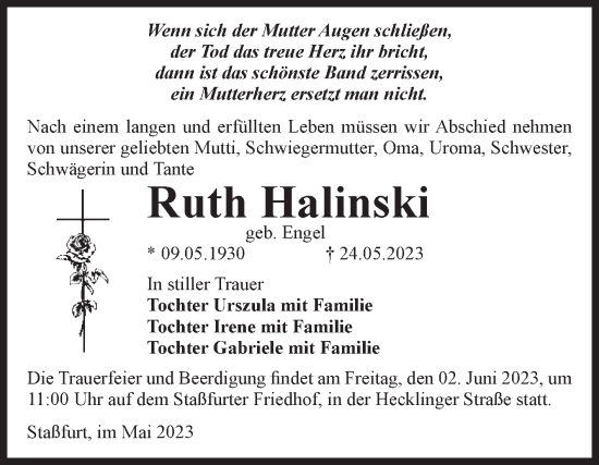 Traueranzeige von Ruth Halinski von Volksstimme Staßfurt