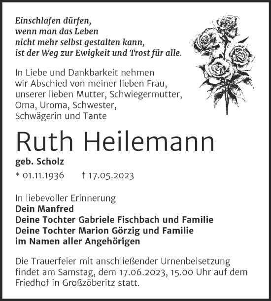 Traueranzeige von Ruth Heilemann von Trauerkombi Bitterfeld