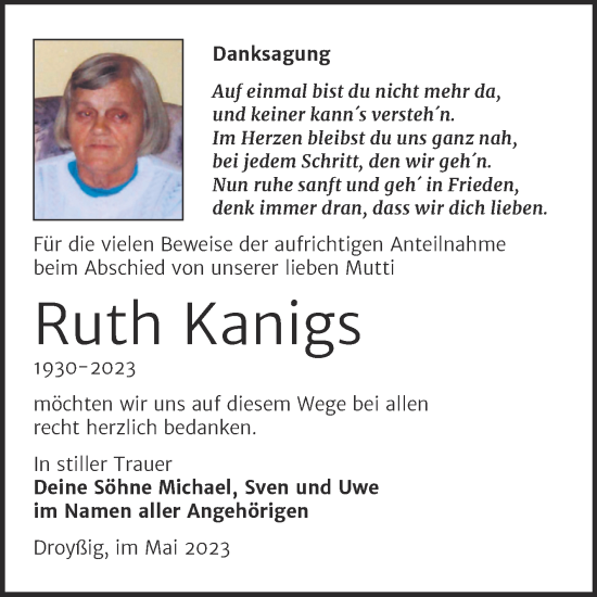 Traueranzeige von Ruth Kanigs von Trauerkombi Zeitz
