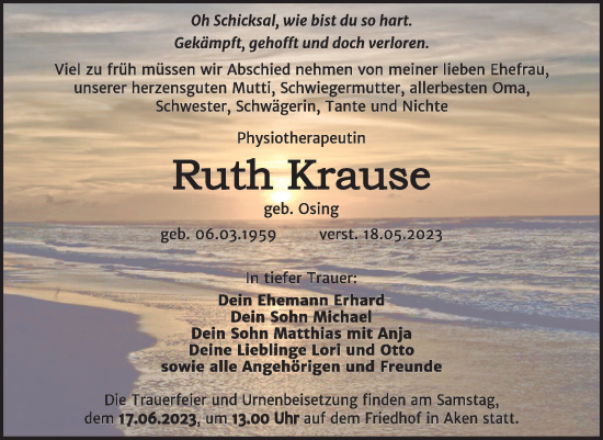 Traueranzeige von Ruth Krause von Trauerkombi Köthen