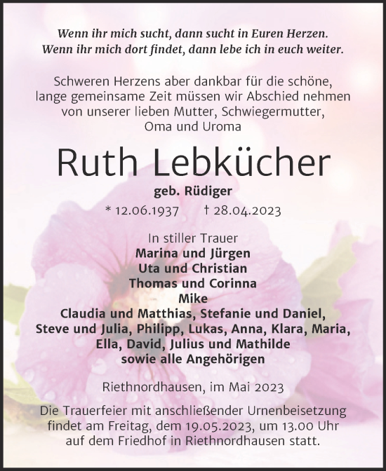 Traueranzeige von Ruth Lebkücher von Trauerkombi Sangerhausen