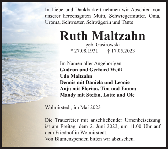 Traueranzeige von Ruth Maltzahn von Volksstimme Haldensleben/Wolmirstedt