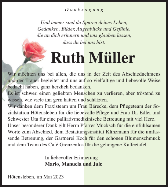Traueranzeige von Ruth Müller von Volksstimme Oschersleben/Wanzleben