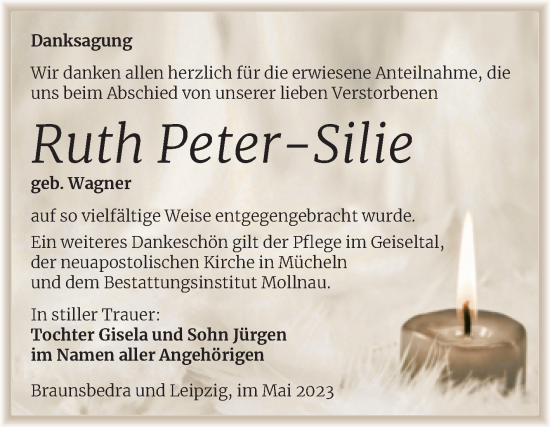 Traueranzeige von Ruth Peter-Silie von Trauerkombi Merseburg