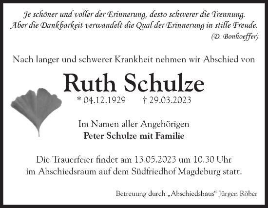 Traueranzeige von Ruth Schulze von Volksstimme Magdeburg