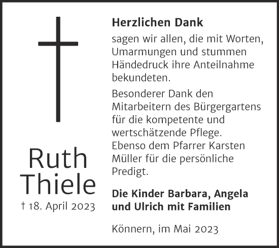 Traueranzeige von Ruth Thiele von Trauerkombi Bernburg