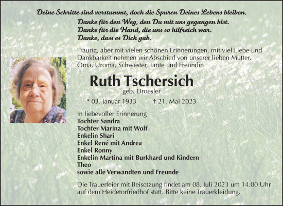 Traueranzeige von Ruth Tschersich von Volksstimme Zerbst