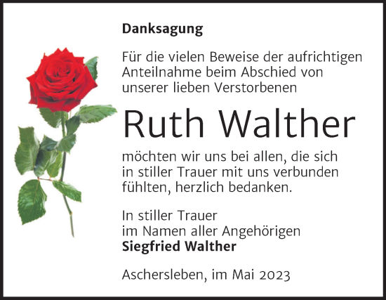 Traueranzeige von Ruth Walther von Trauerkombi Aschersleben