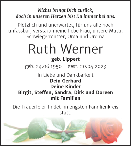Traueranzeige von Ruth Werner von Trauerkombi Sangerhausen