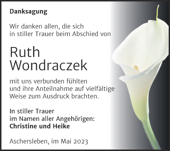 Traueranzeige von Ruth Wondraczek von Trauerkombi Aschersleben