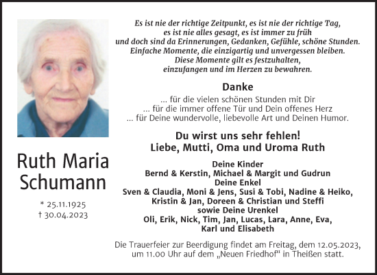 Traueranzeige von Ruth Maria Schumann von Trauerkombi Zeitz