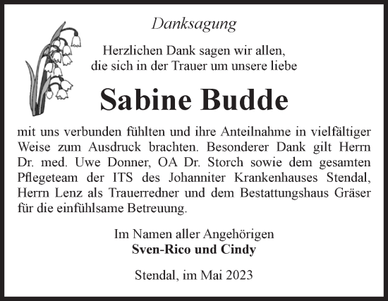 Traueranzeige von Sabine Budde von Volksstimme Altmark Ost