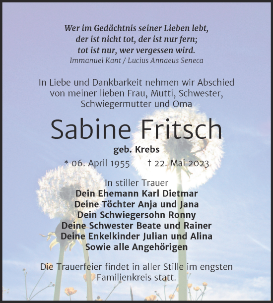 Traueranzeige von Sabine Fritsch von Trauerkombi Merseburg
