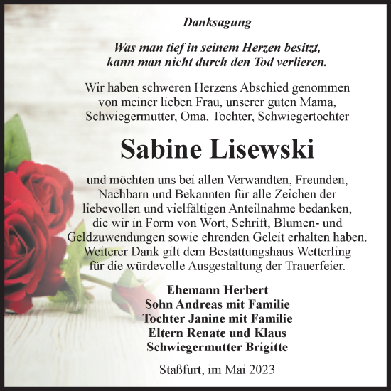 Traueranzeige von Sabine Lisewski von Volksstimme Staßfurt