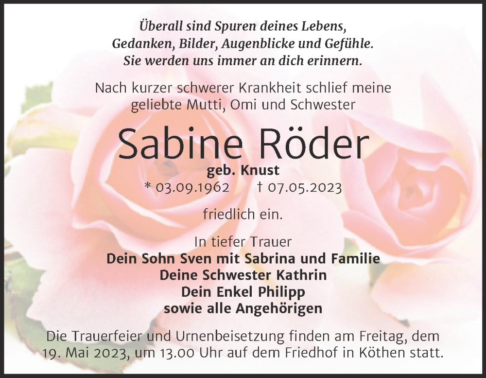  Traueranzeige für Sabine Röder vom 12.05.2023 aus Trauerkombi Köthen