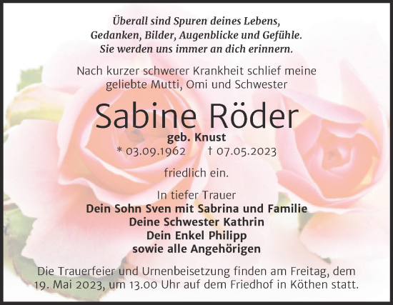Traueranzeige von Sabine Röder von Trauerkombi Köthen