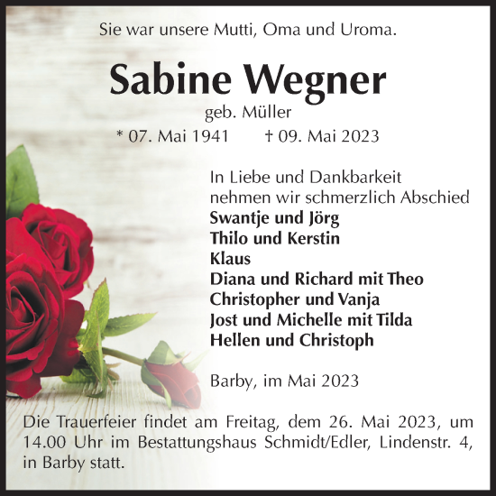 Traueranzeige von Sabine Wegner von Volksstimme Schönebeck