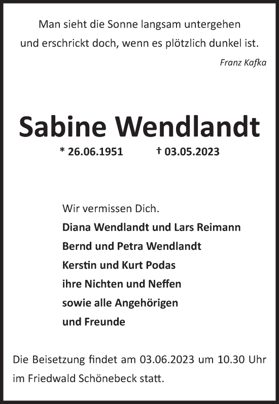 Traueranzeige von Sabine Wendlandt von Volksstimme Schönebeck