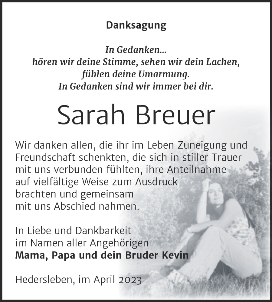  Traueranzeige für Sarah Breuer vom 06.05.2023 aus Trauerkombi Quedlinburg