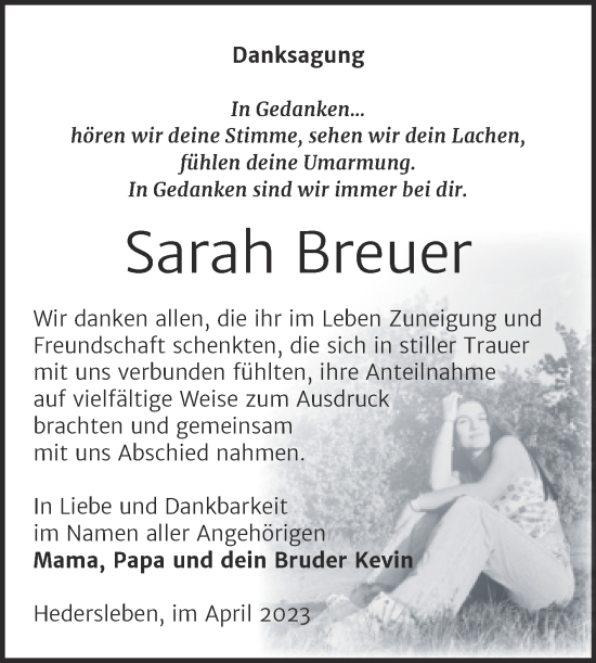 Traueranzeige von Sarah Breuer von Trauerkombi Quedlinburg