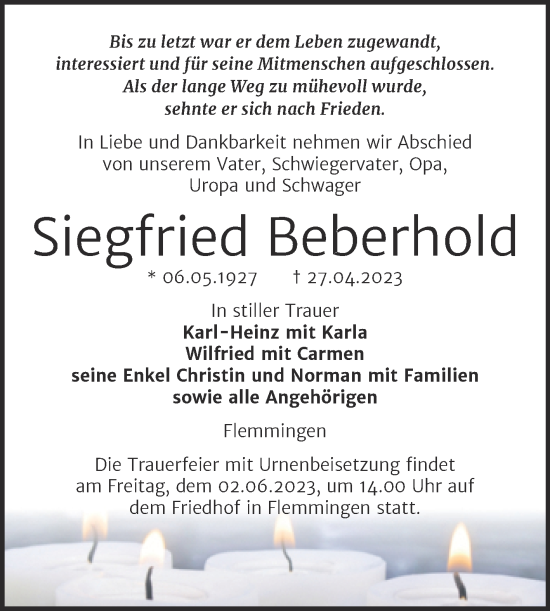 Traueranzeige von Siegfried Beberhold von Naumburger Tageblatt