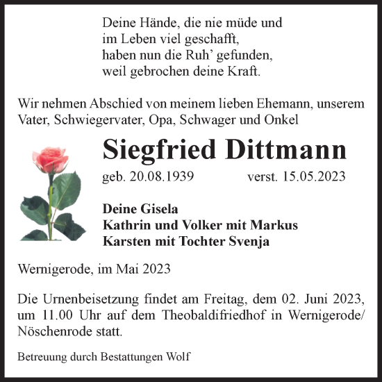 Traueranzeige von Siegfried Dittmann von Volksstimme Wernigerode