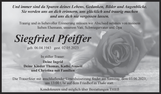 Traueranzeige von Siegfried Pfeiffer von Trauerkombi Quedlinburg
