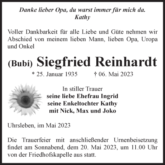 Traueranzeige von Siegfried Reinhardt von Volksstimme Haldensleben/Wolmirstedt