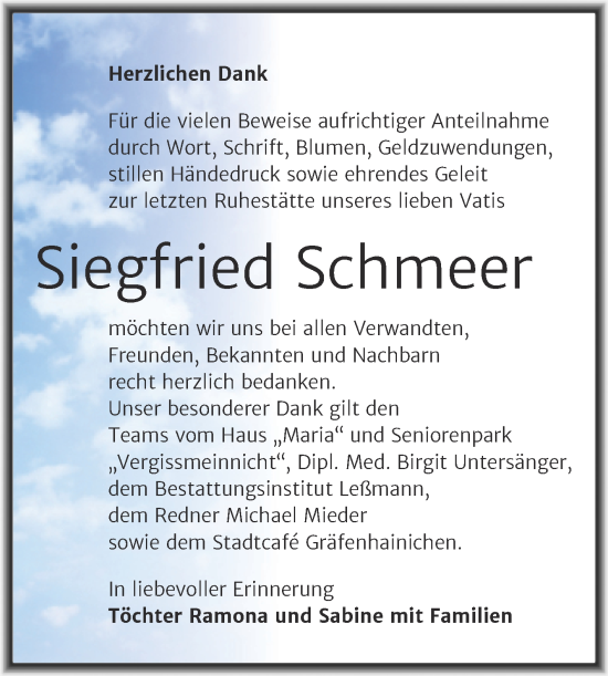 Traueranzeige von Siegfried Schmeer von Trauerkombi Wittenberg