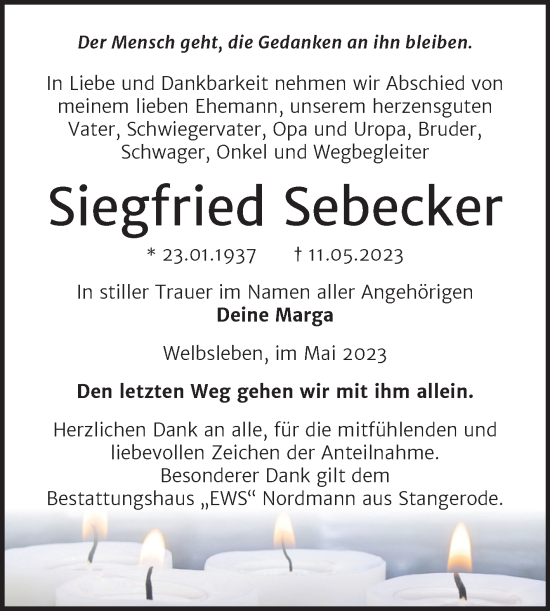 Traueranzeige von Siegfried Sebecker von Trauerkombi Mansfelder Land