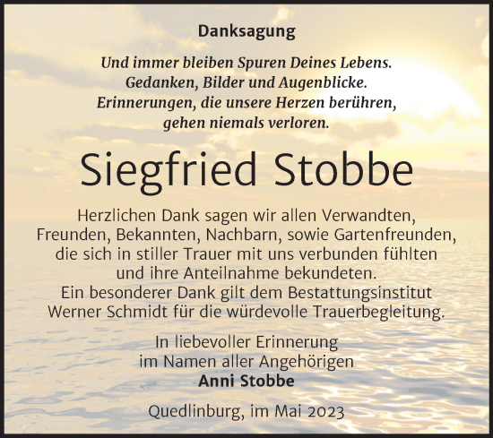 Traueranzeige von Siegfried Stobbe von Trauerkombi Quedlinburg