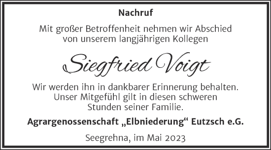 Traueranzeige von Siegfried Voigt von Super Sonntag Wittenberg