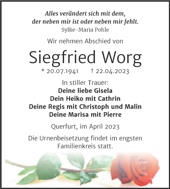 Traueranzeige von Siegfried Worg von Trauerkombi Merseburg