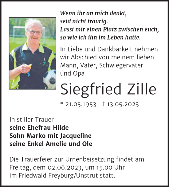 Traueranzeige von Siegfried Zille von Wochenspiegel Naumburg/Nebra