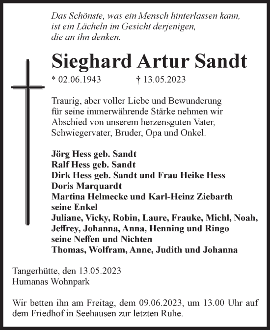 Traueranzeige von Sieghard Artur Sandt von Volksstimme Altmark Ost