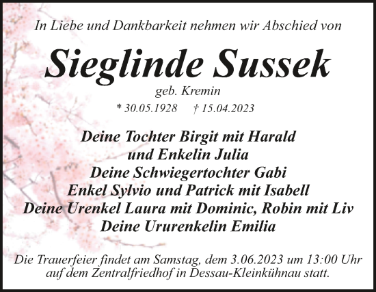 Traueranzeige von Sieglinde Sussek von Trauerkombi Dessau