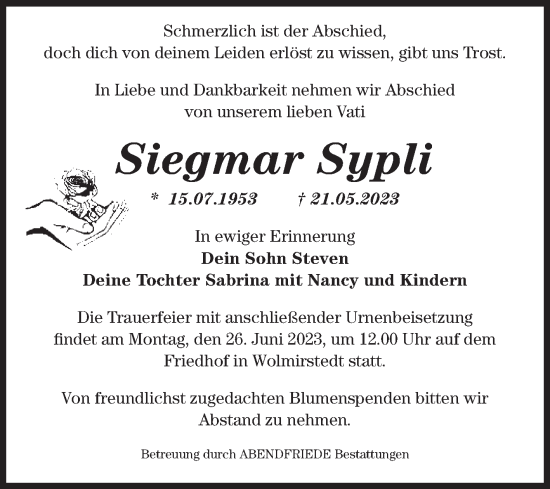 Traueranzeige von Siegmar Sypli von Volksstimme Haldensleben/Wolmirstedt