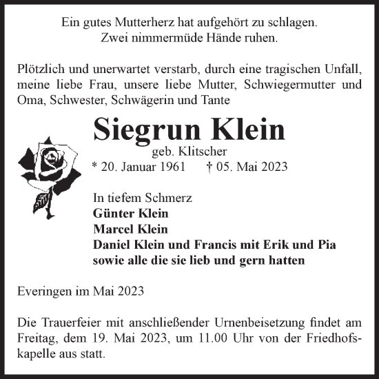 Traueranzeige von Siegrun Klein von Volksstimme Haldensleben/Wolmirstedt