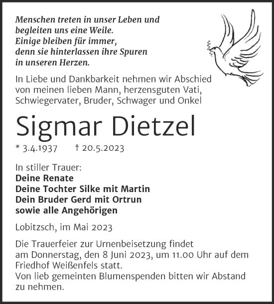 Traueranzeige von Sigmar Dietzel von Trauerkombi Weißenfels