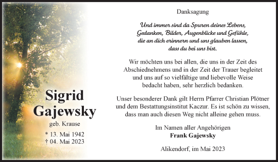 Traueranzeige von Sigrid Gajewsky von Volksstimme Oschersleben/Wanzleben