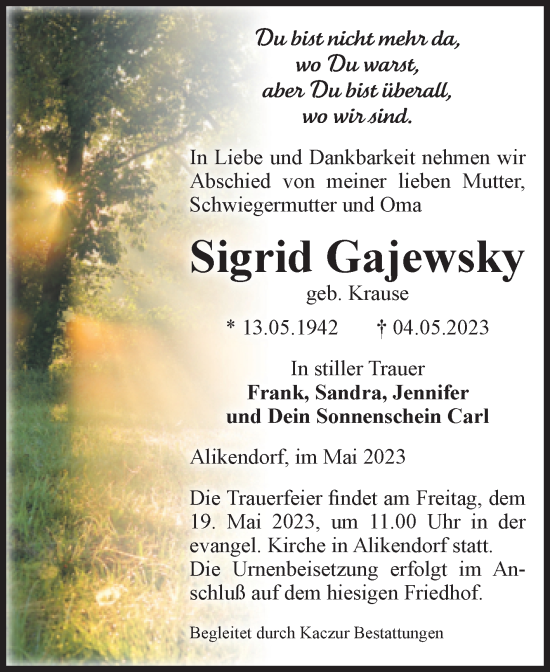 Traueranzeige von Sigrid Gajewsky von Volksstimme Oschersleben/Wanzleben