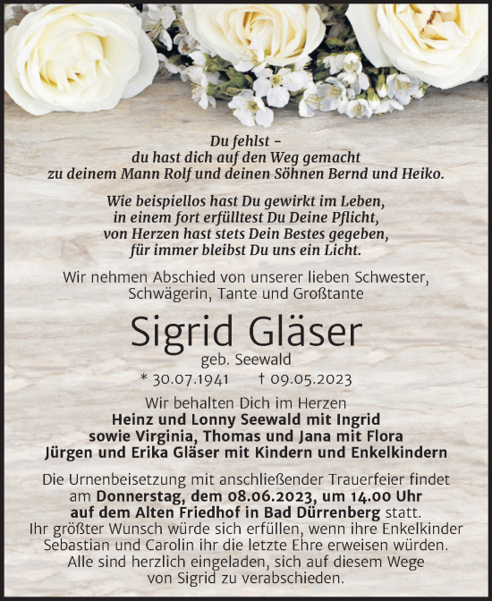 Traueranzeige von Sigrid Gläser von Trauerkombi Merseburg