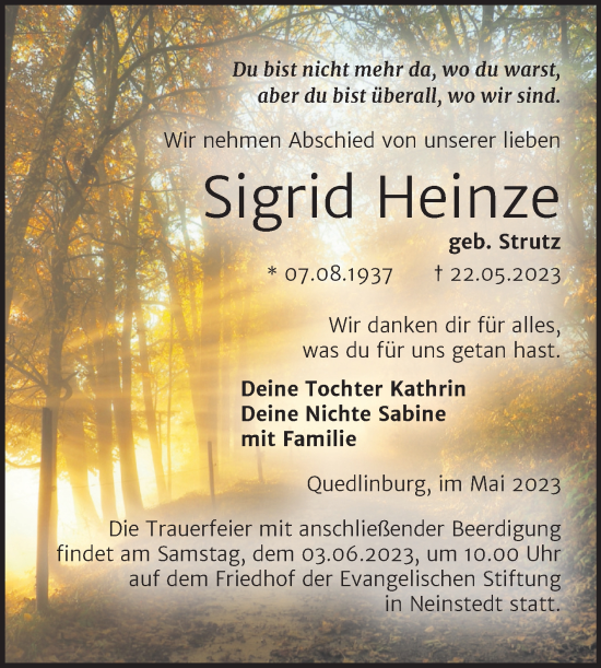 Traueranzeige von Sigrid Heinze von Trauerkombi Quedlinburg