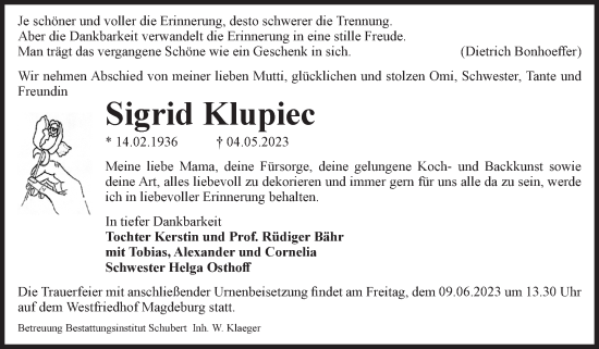 Traueranzeige von Sigrid Klupiec von Volksstimme Magdeburg