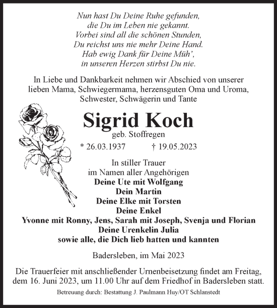 Traueranzeige von Sigrid Koch von Volksstimme Halberstadt