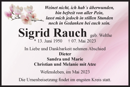 Traueranzeige von Sigrid Rauch von Volksstimme Oschersleben/Wanzleben