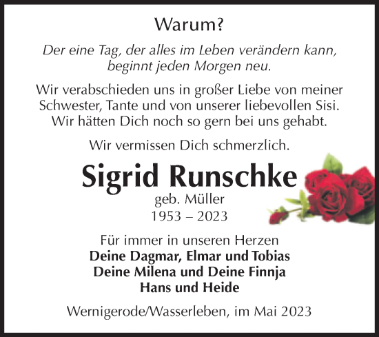 Traueranzeige von Sigrid Runschke von Volksstimme Wernigerode