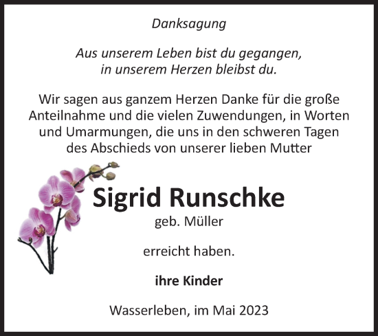 Traueranzeige von Sigrid Runschke von Volksstimme Wernigerode