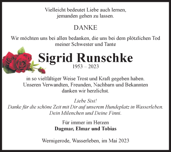 Traueranzeige von Sigrid Runschke von Volksstimme Wernigerode