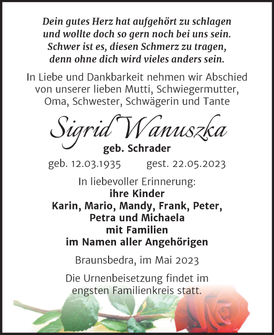 Traueranzeige von Sigrid Wanuszka von Trauerkombi Merseburg